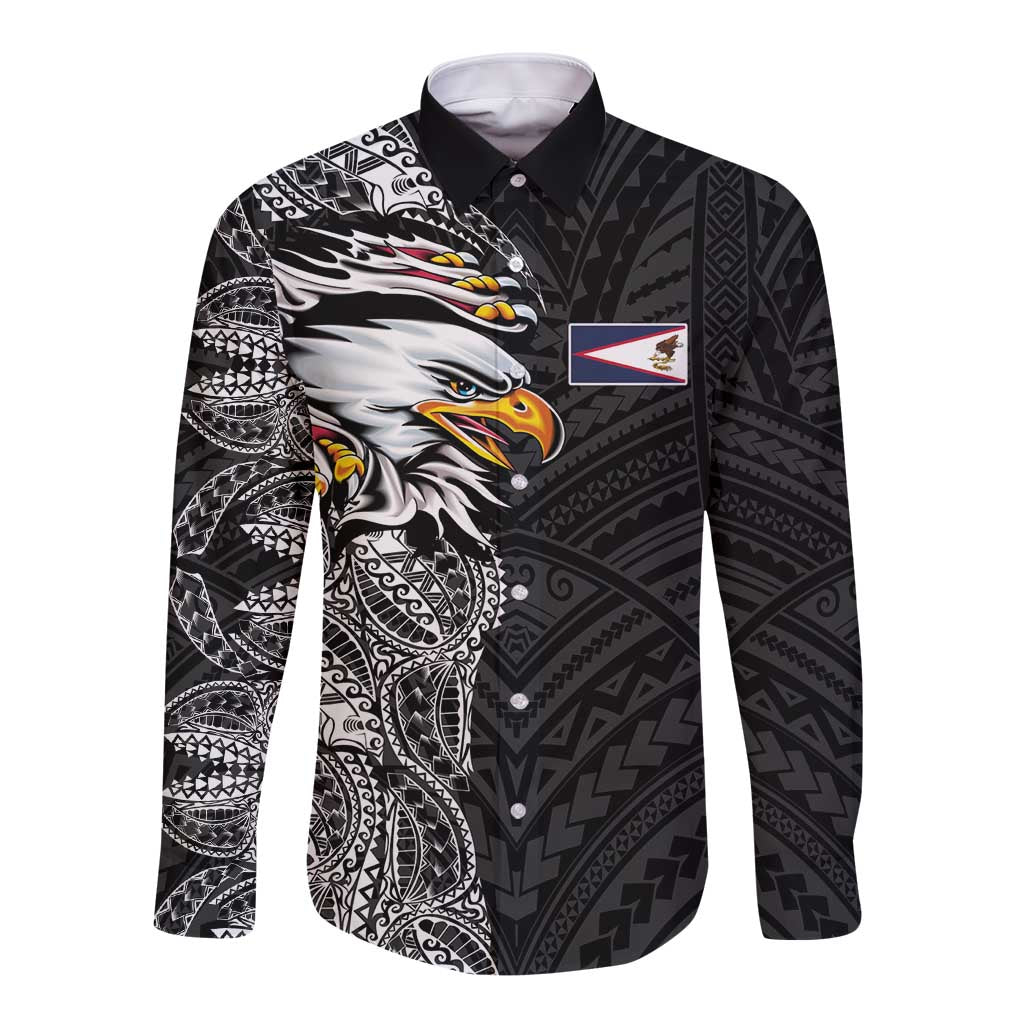 American Samoa Flag Day Long Sleeve Button Shirt Tribal Tattoo with Eagle Black