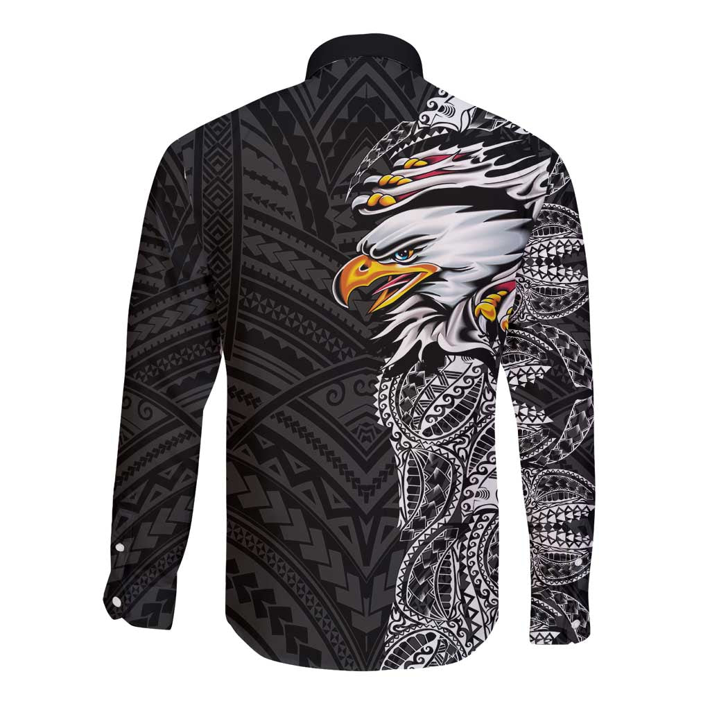 American Samoa Flag Day Long Sleeve Button Shirt Tribal Tattoo with Eagle Black