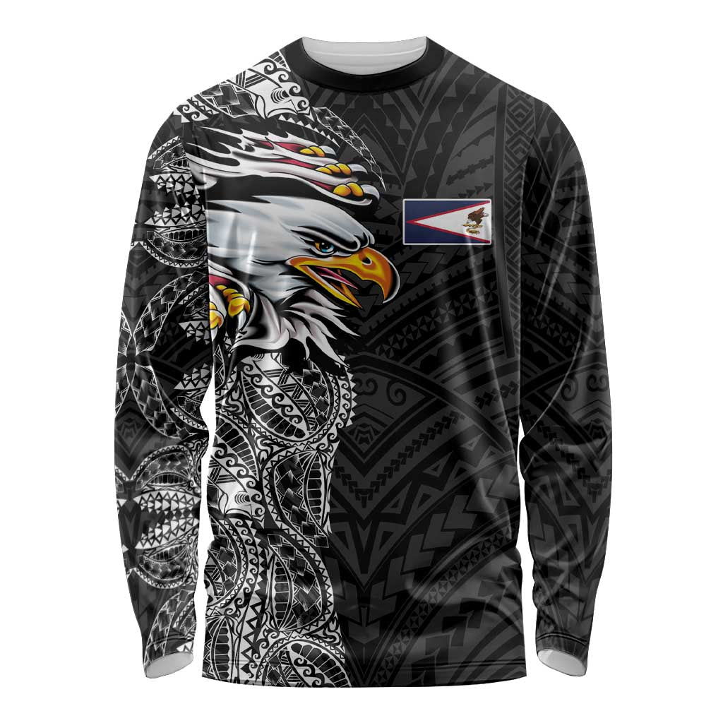 American Samoa Flag Day Long Sleeve Shirt Tribal Tattoo with Eagle Black