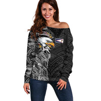 American Samoa Flag Day Off Shoulder Sweater Tribal Tattoo with Eagle Black LT03 Women Black - Polynesian Pride