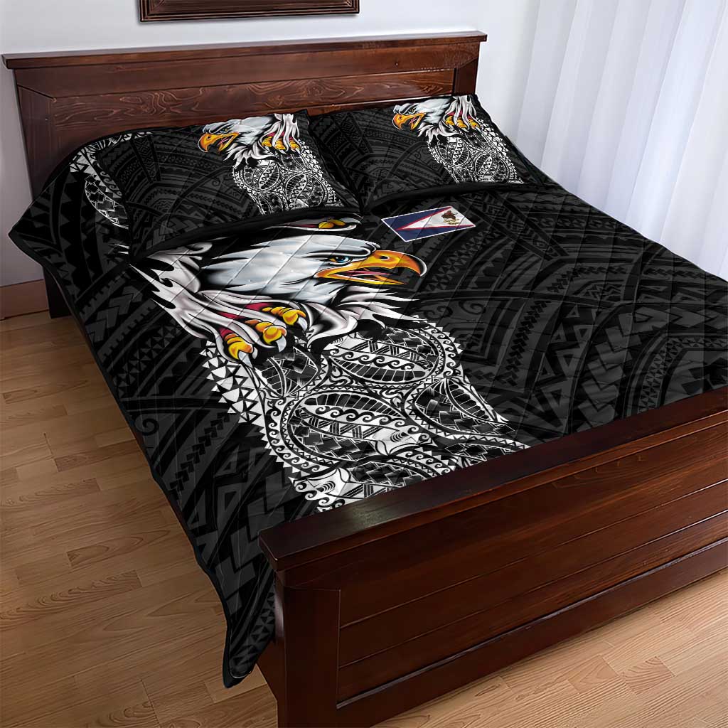 American Samoa Flag Day Quilt Bed Set Tribal Tattoo with Eagle Black