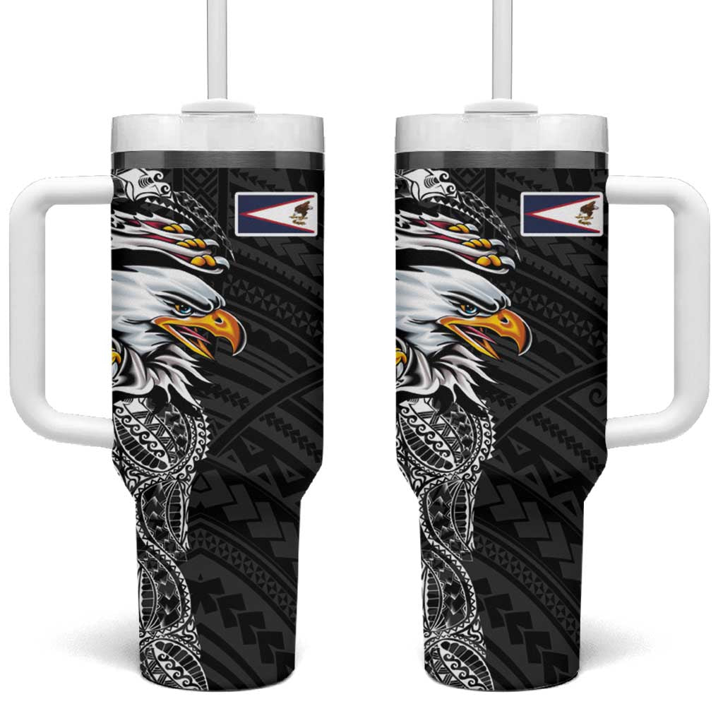 American Samoa Flag Day Tumbler With Handle Tribal Tattoo with Eagle Black