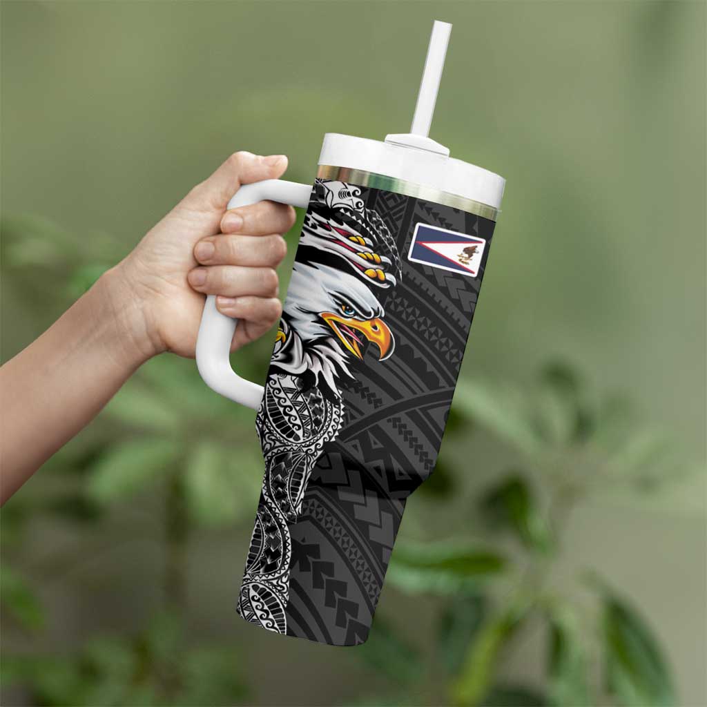 American Samoa Flag Day Tumbler With Handle Tribal Tattoo with Eagle Black