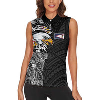 American Samoa Flag Day Women Sleeveless Polo Shirt Tribal Tattoo with Eagle Black