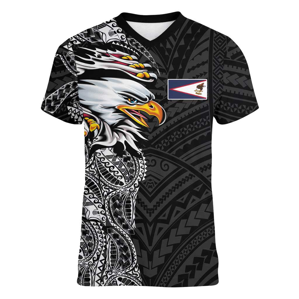 American Samoa Flag Day Women V-Neck T-Shirt Tribal Tattoo with Eagle Black
