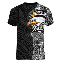 American Samoa Flag Day Women V-Neck T-Shirt Tribal Tattoo with Eagle Black