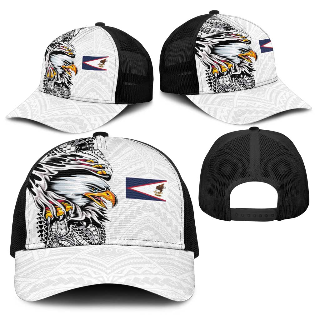American Samoa Flag Day Baseball Net Cap Tribal Tattoo with Eagle White