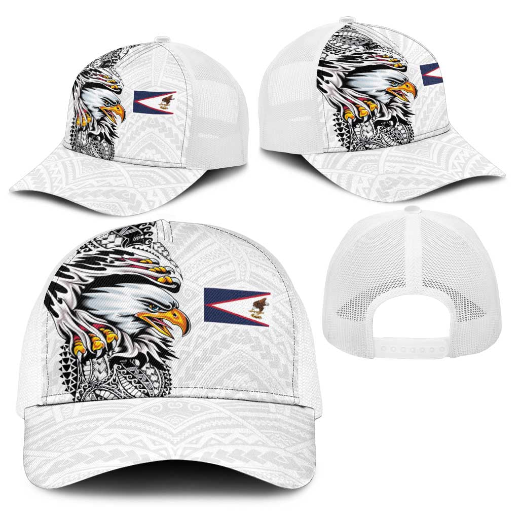 American Samoa Flag Day Baseball Net Cap Tribal Tattoo with Eagle White
