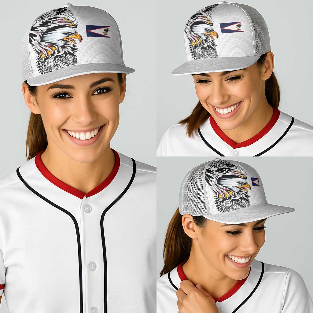 American Samoa Flag Day Baseball Net Cap Tribal Tattoo with Eagle White