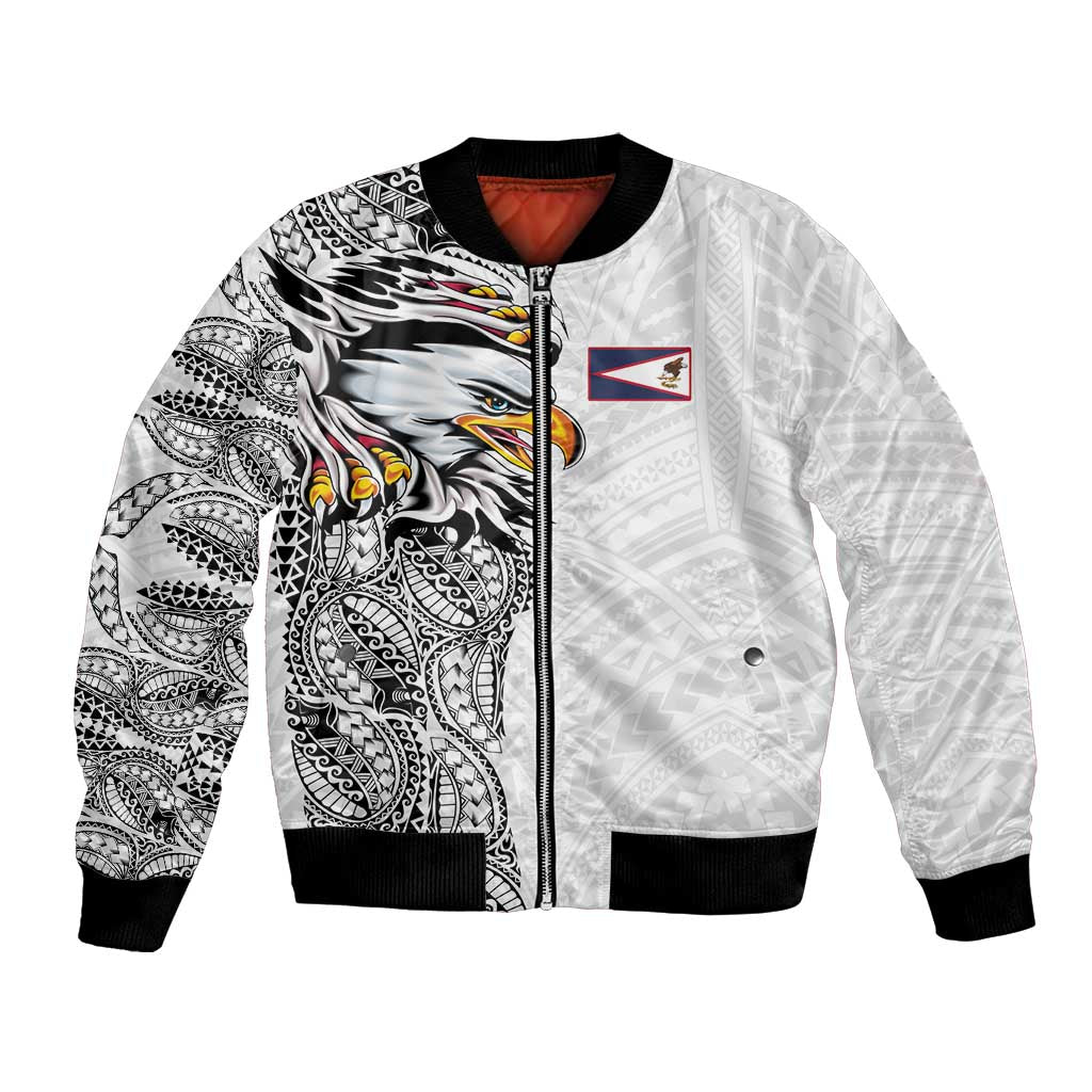 American Samoa Flag Day Bomber Jacket Tribal Tattoo with Eagle White
