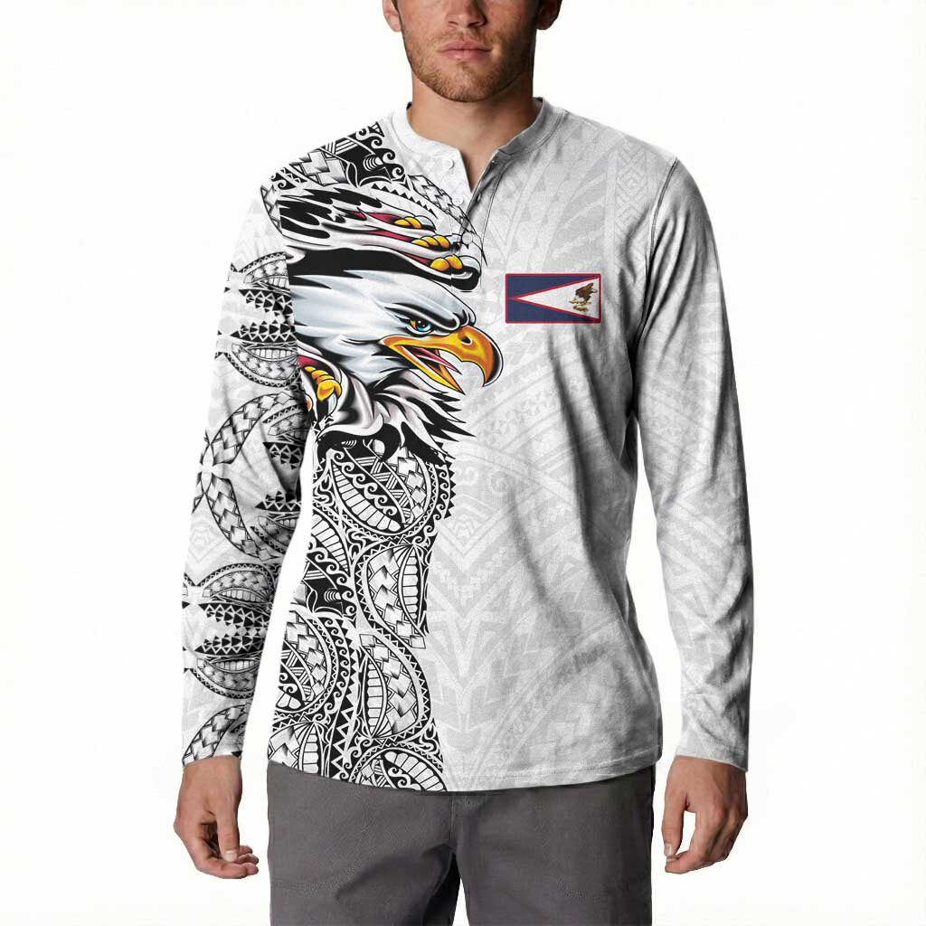 American Samoa Flag Day Button Sweatshirt Tribal Tattoo with Eagle White