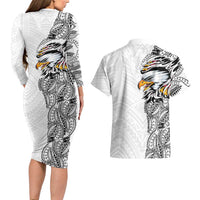 American Samoa Flag Day Couples Matching Long Sleeve Bodycon Dress and Hawaiian Shirt Tribal Tattoo with Eagle White LT03 - Polynesian Pride