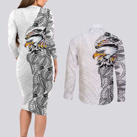 American Samoa Flag Day Couples Matching Long Sleeve Bodycon Dress and Long Sleeve Button Shirt Tribal Tattoo with Eagle White LT03 - Polynesian Pride