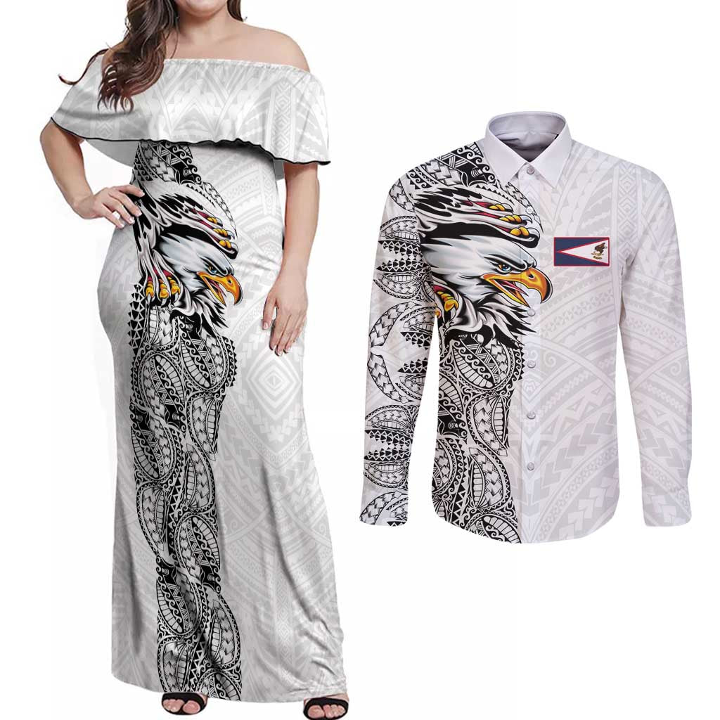 American Samoa Flag Day Couples Matching Off Shoulder Maxi Dress and Long Sleeve Button Shirt Tribal Tattoo with Eagle White