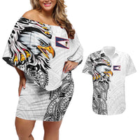 American Samoa Flag Day Couples Matching Off Shoulder Short Dress and Hawaiian Shirt Tribal Tattoo with Eagle White LT03 White - Polynesian Pride