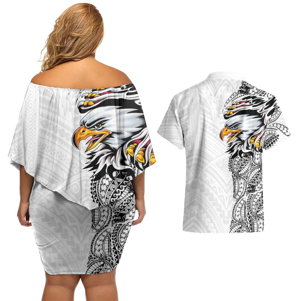 American Samoa Flag Day Couples Matching Off Shoulder Short Dress and Hawaiian Shirt Tribal Tattoo with Eagle White LT03 - Polynesian Pride