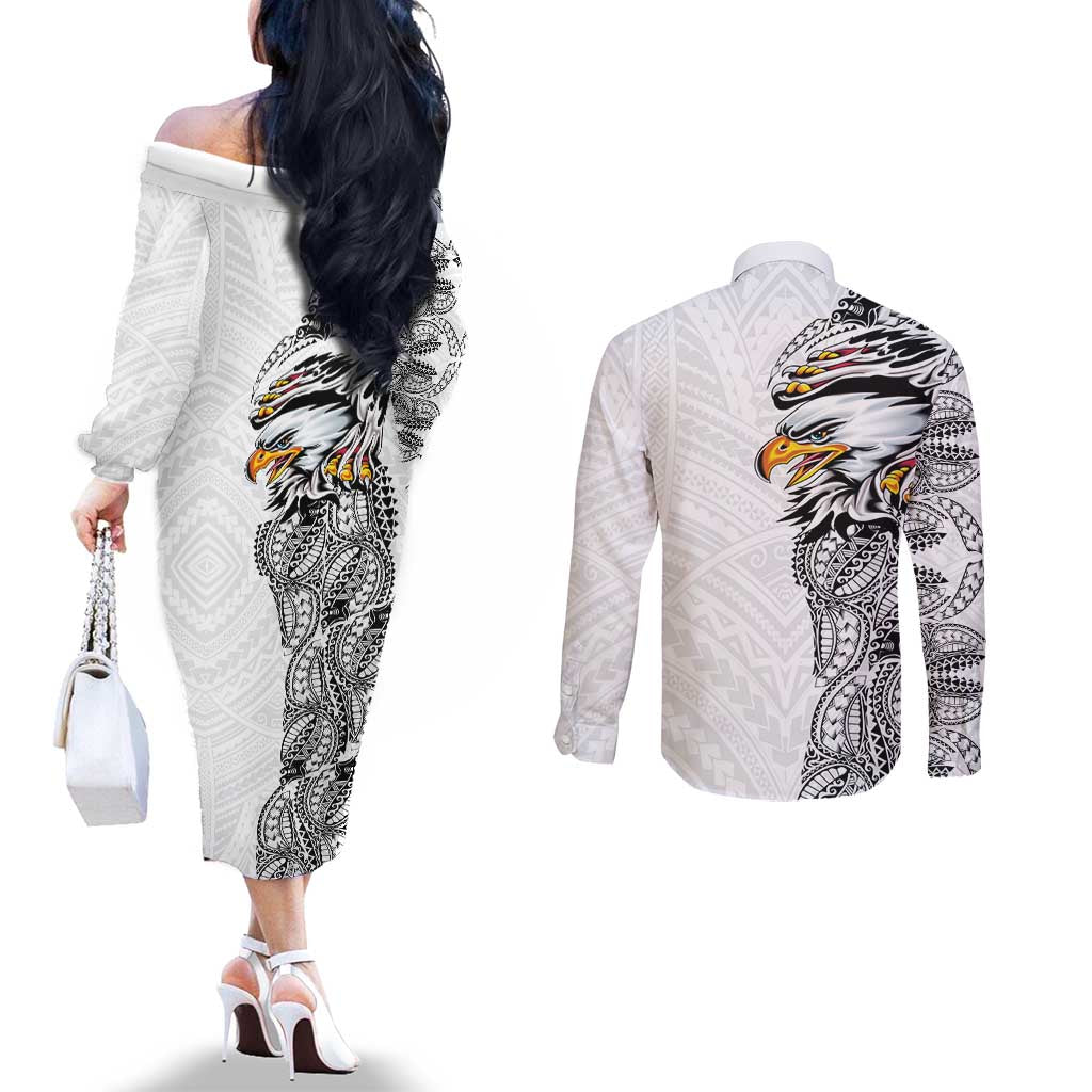 American Samoa Flag Day Couples Matching Off The Shoulder Long Sleeve Dress and Long Sleeve Button Shirt Tribal Tattoo with Eagle White LT03 - Polynesian Pride