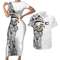 American Samoa Flag Day Couples Matching Short Sleeve Bodycon Dress and Hawaiian Shirt Tribal Tattoo with Eagle White LT03 White - Polynesian Pride