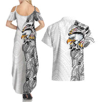 American Samoa Flag Day Couples Matching Summer Maxi Dress and Hawaiian Shirt Tribal Tattoo with Eagle White LT03 - Polynesian Pride