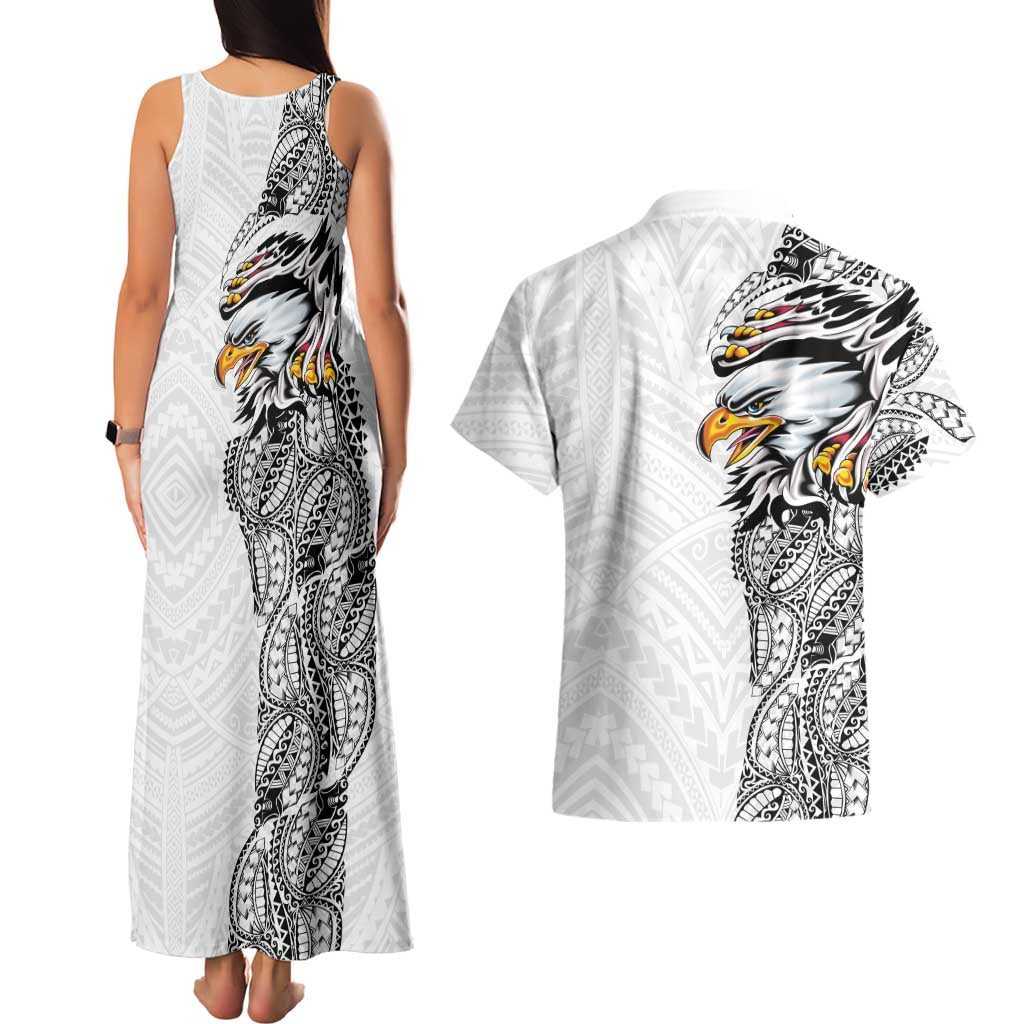 American Samoa Flag Day Couples Matching Tank Maxi Dress and Hawaiian Shirt Tribal Tattoo with Eagle White LT03 - Polynesian Pride