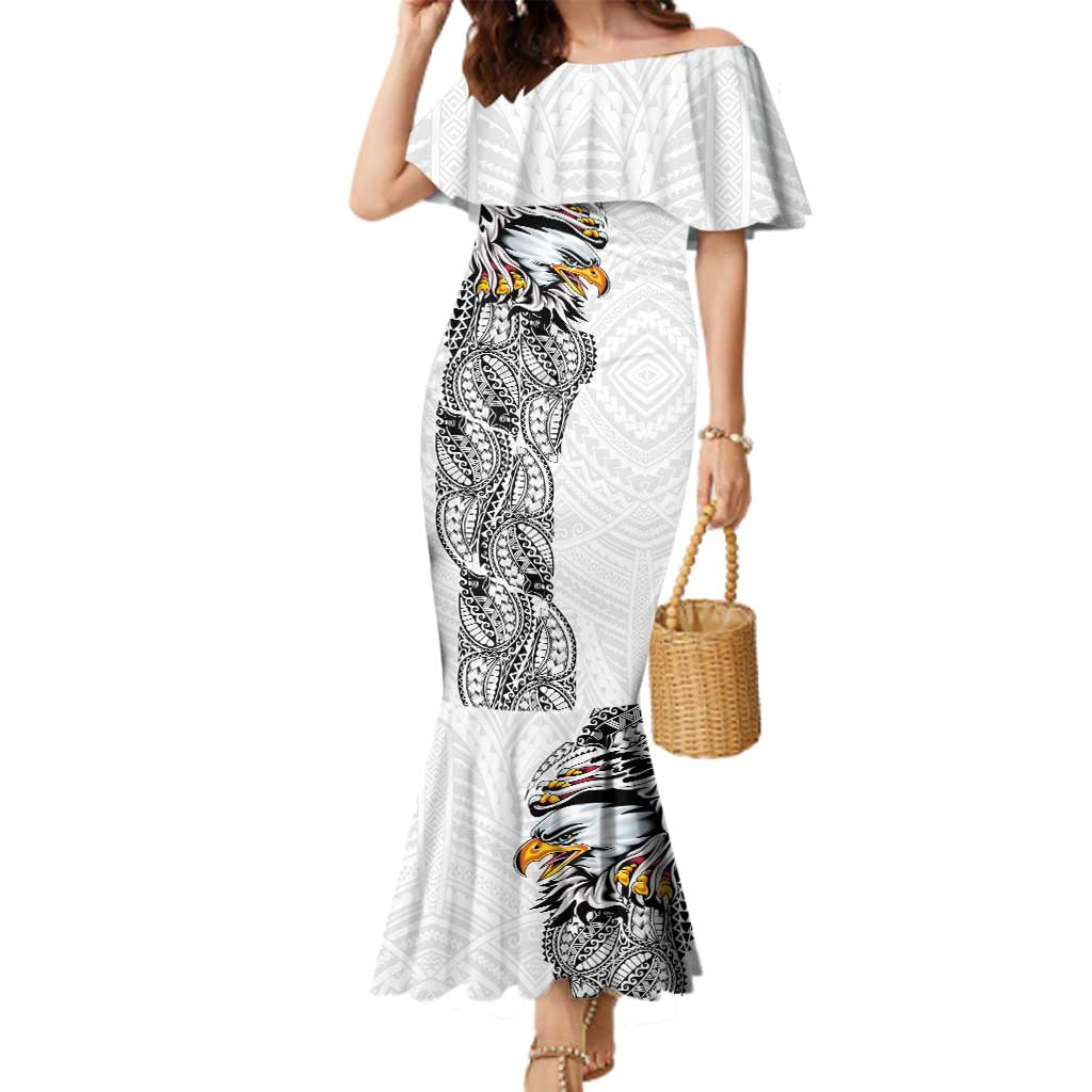American Samoa Flag Day Family Matching Mermaid Dress and Hawaiian Shirt Tribal Tattoo with Eagle White