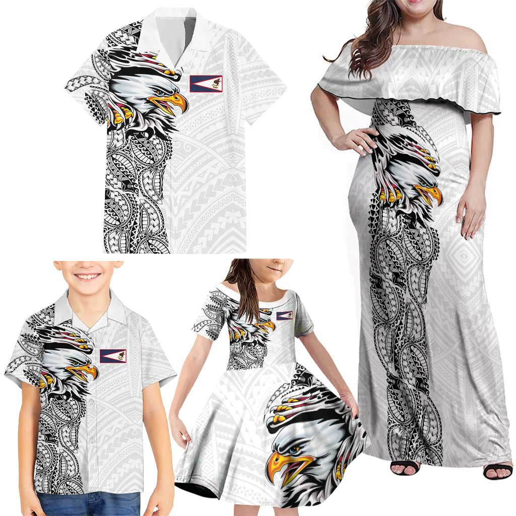 American Samoa Flag Day Family Matching Off Shoulder Maxi Dress and Hawaiian Shirt Tribal Tattoo with Eagle White LT03 - Polynesian Pride