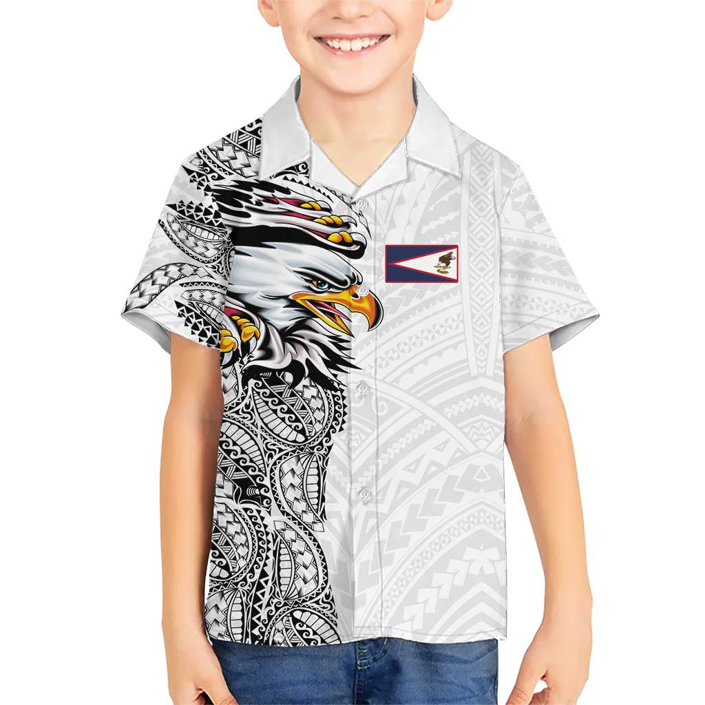American Samoa Flag Day Family Matching Off Shoulder Maxi Dress and Hawaiian Shirt Tribal Tattoo with Eagle White LT03 Son's Shirt White - Polynesian Pride