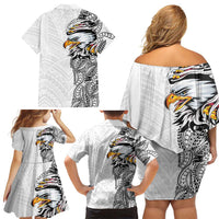 American Samoa Flag Day Family Matching Off Shoulder Short Dress and Hawaiian Shirt Tribal Tattoo with Eagle White LT03 - Polynesian Pride