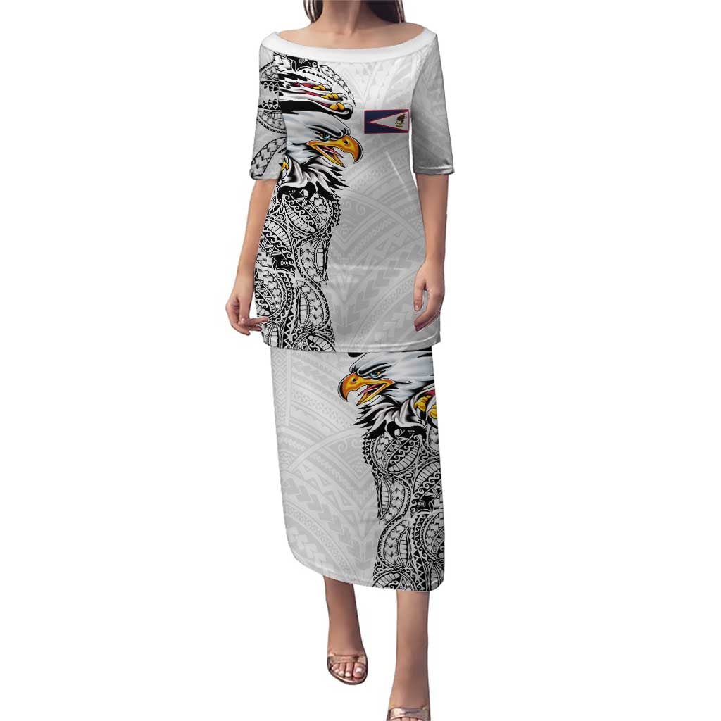 American Samoa Flag Day Family Matching Puletasi and Hawaiian Shirt Tribal Tattoo with Eagle White LT03 Mom's Dress White - Polynesian Pride