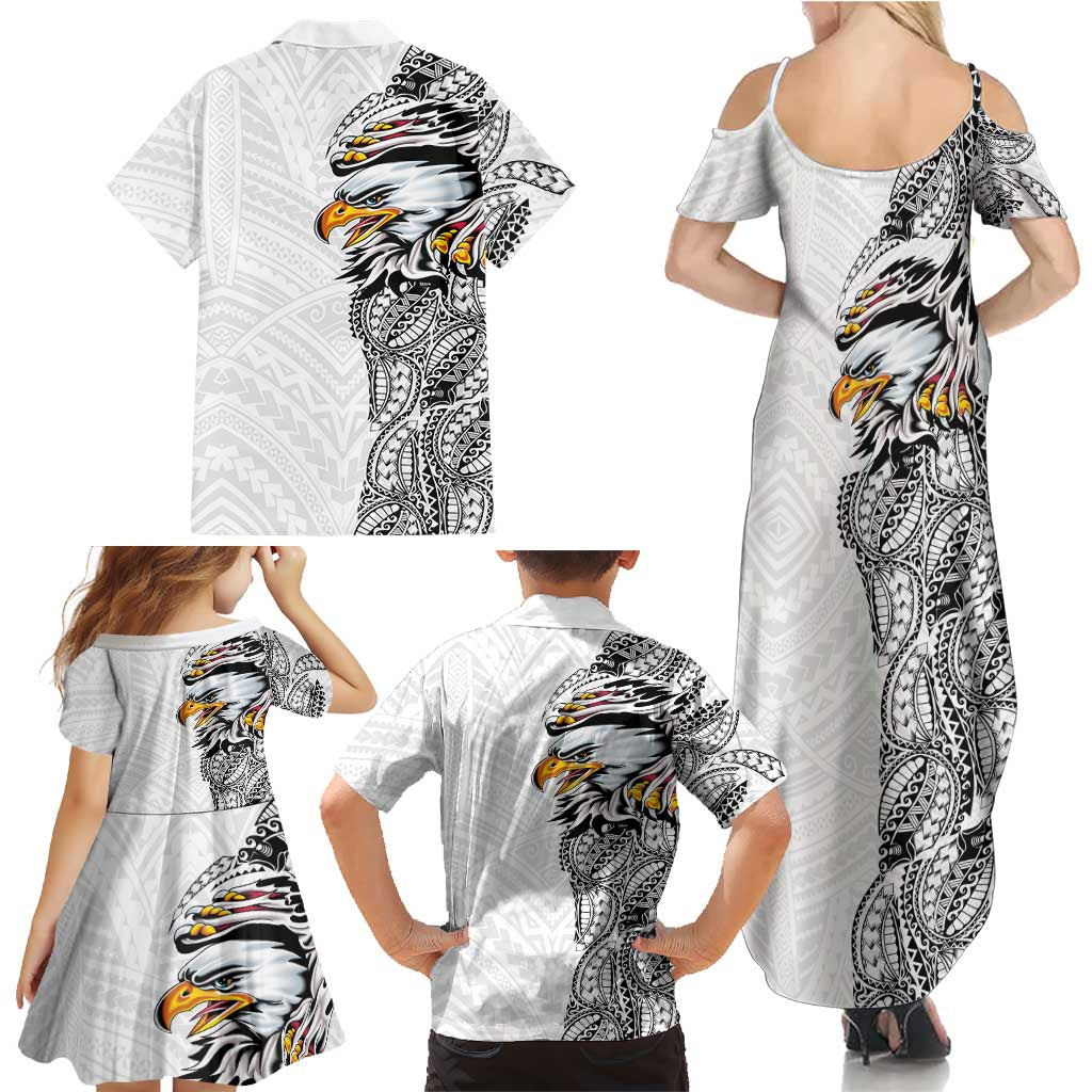 American Samoa Flag Day Family Matching Summer Maxi Dress and Hawaiian Shirt Tribal Tattoo with Eagle White LT03 - Polynesian Pride