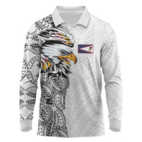 American Samoa Flag Day Long Sleeve Polo Shirt Tribal Tattoo with Eagle White LT03 White - Polynesian Pride