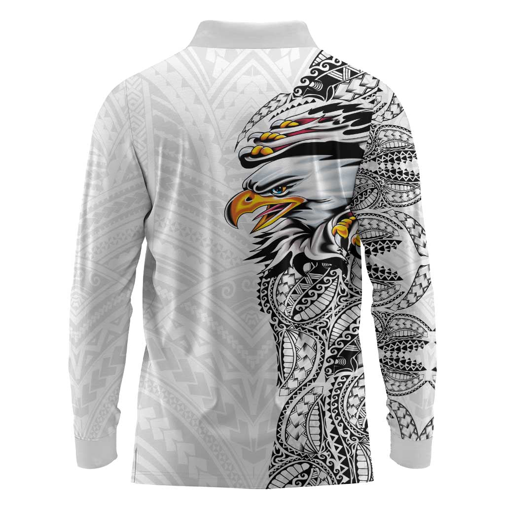 American Samoa Flag Day Long Sleeve Polo Shirt Tribal Tattoo with Eagle White LT03 - Polynesian Pride