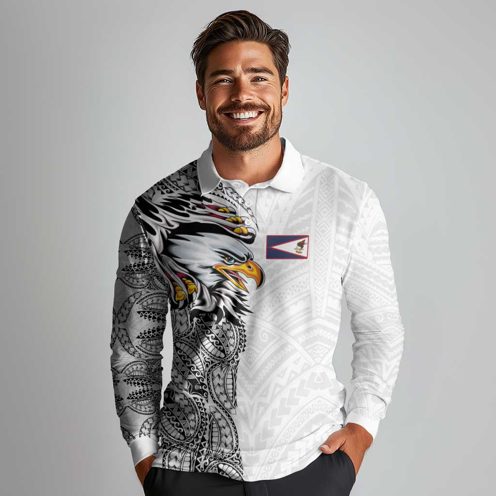 American Samoa Flag Day Long Sleeve Polo Shirt Tribal Tattoo with Eagle White LT03 - Polynesian Pride
