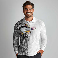 American Samoa Flag Day Long Sleeve Polo Shirt Tribal Tattoo with Eagle White LT03 - Polynesian Pride