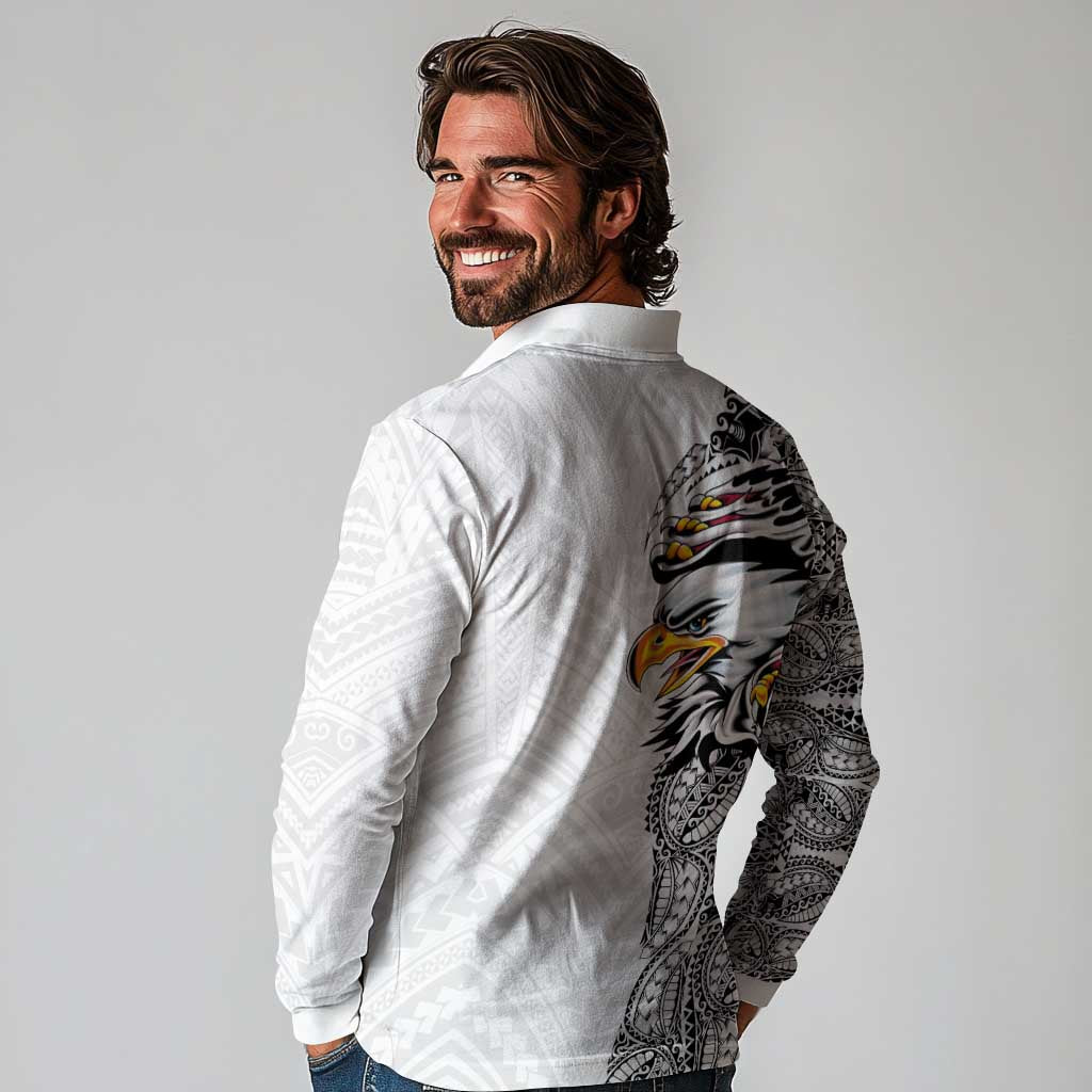 American Samoa Flag Day Long Sleeve Polo Shirt Tribal Tattoo with Eagle White LT03 - Polynesian Pride