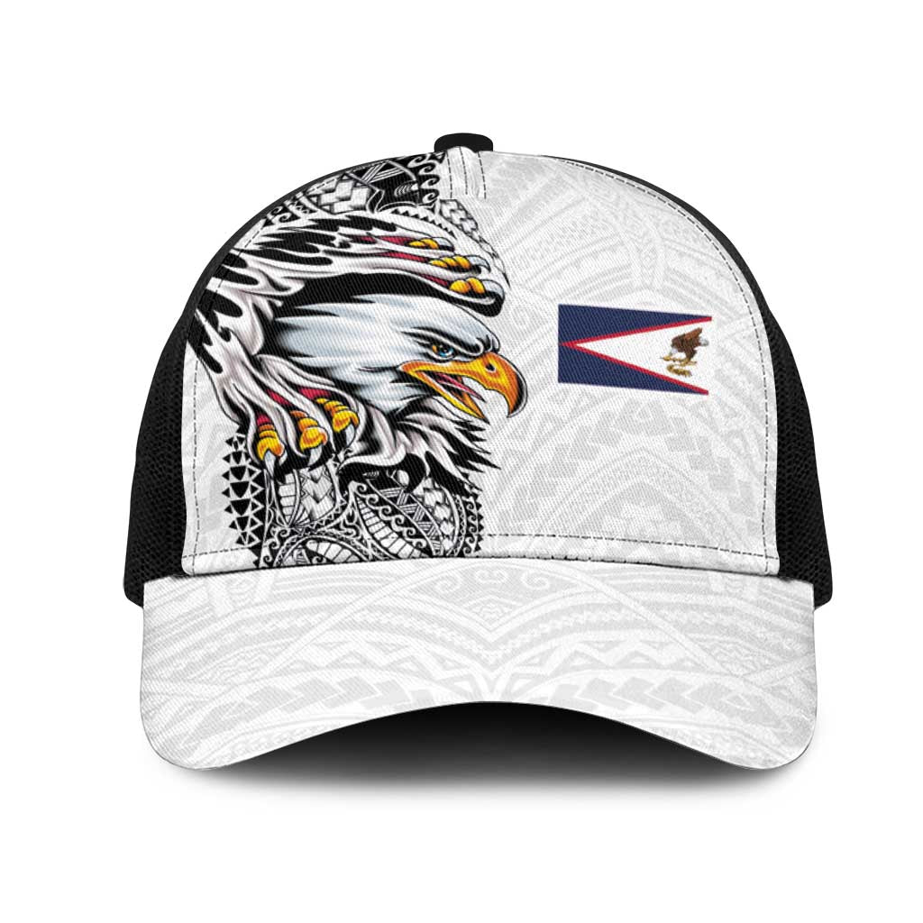 American Samoa Flag Day Mesh Trucker Cap Tribal Tattoo with Eagle White