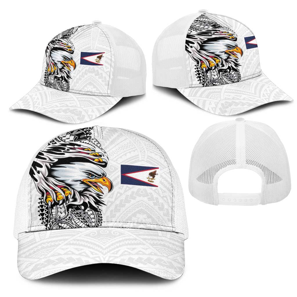 American Samoa Flag Day Mesh Trucker Cap Tribal Tattoo with Eagle White
