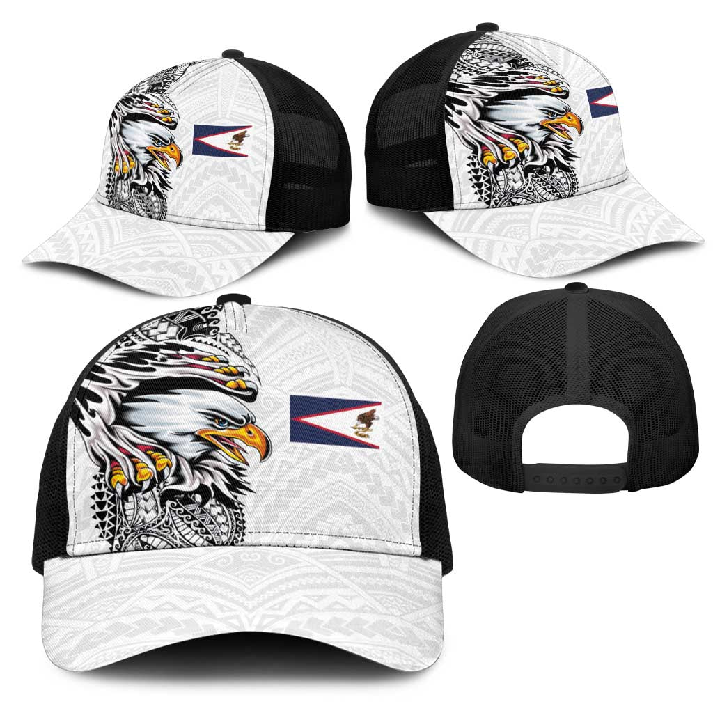 American Samoa Flag Day Mesh Trucker Cap Tribal Tattoo with Eagle White
