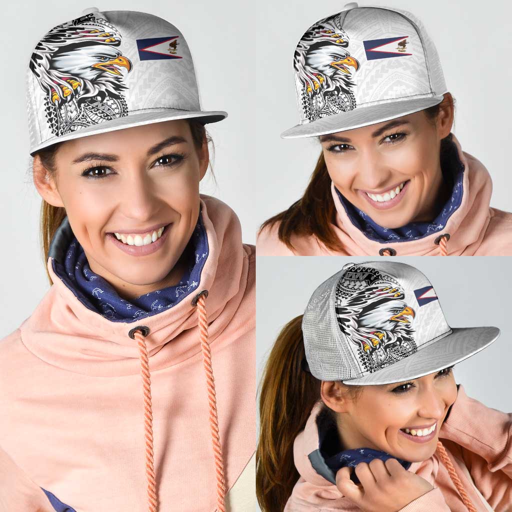 American Samoa Flag Day Mesh Trucker Cap Tribal Tattoo with Eagle White