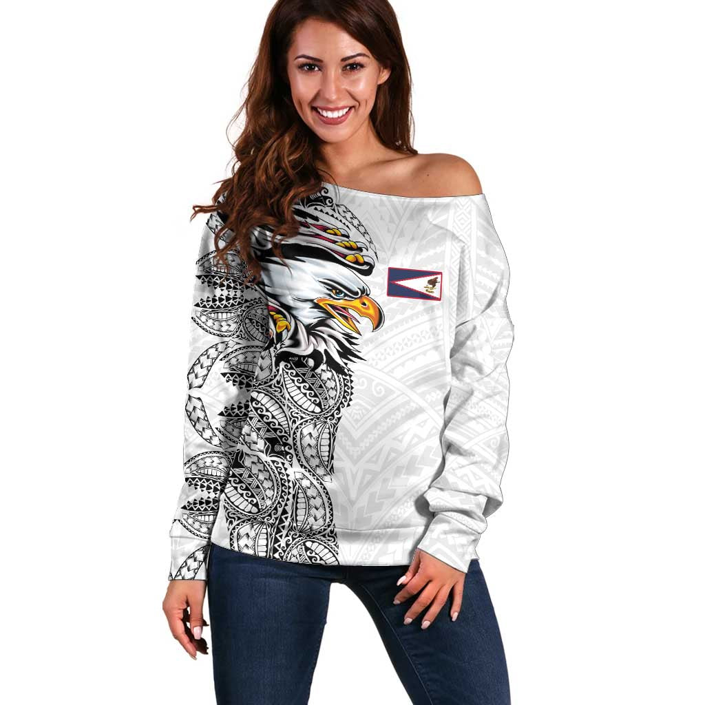 American Samoa Flag Day Off Shoulder Sweater Tribal Tattoo with Eagle White LT03 Women White - Polynesian Pride
