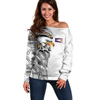 American Samoa Flag Day Off Shoulder Sweater Tribal Tattoo with Eagle White LT03 Women White - Polynesian Pride
