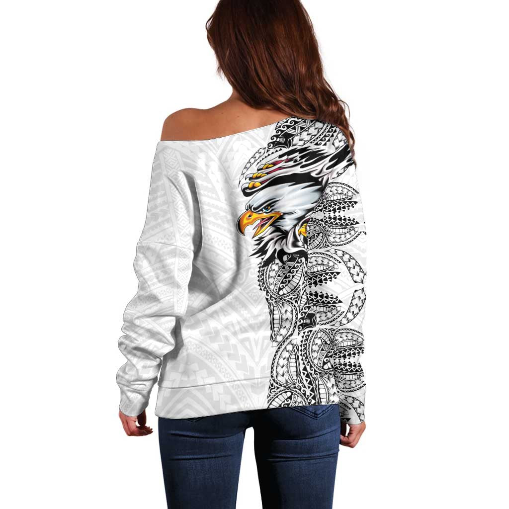 American Samoa Flag Day Off Shoulder Sweater Tribal Tattoo with Eagle White LT03 - Polynesian Pride