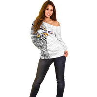 American Samoa Flag Day Off Shoulder Sweater Tribal Tattoo with Eagle White LT03 - Polynesian Pride