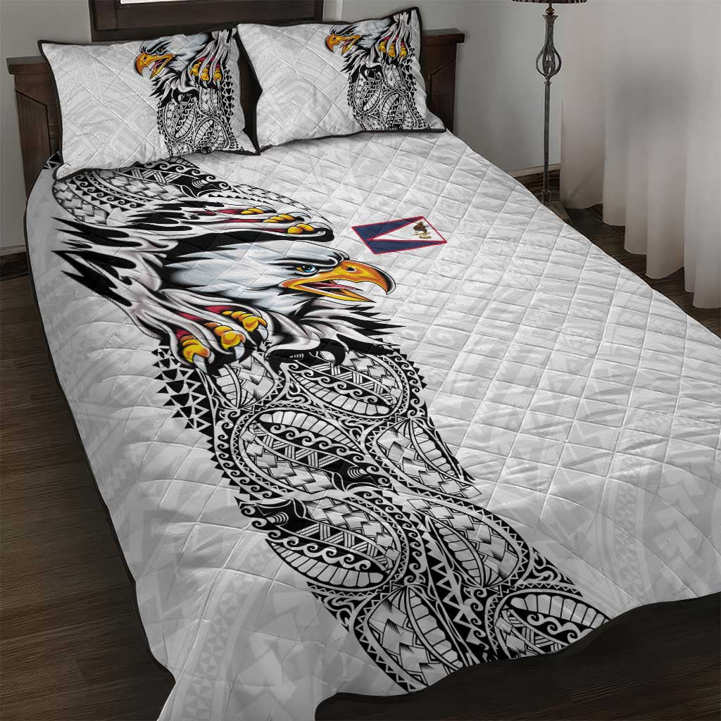 American Samoa Flag Day Quilt Bed Set Tribal Tattoo with Eagle White LT03 White - Polynesian Pride