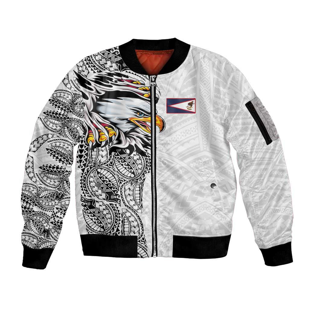American Samoa Flag Day Sleeve Zip Bomber Jacket Tribal Tattoo with Eagle White