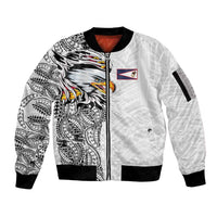 American Samoa Flag Day Sleeve Zip Bomber Jacket Tribal Tattoo with Eagle White