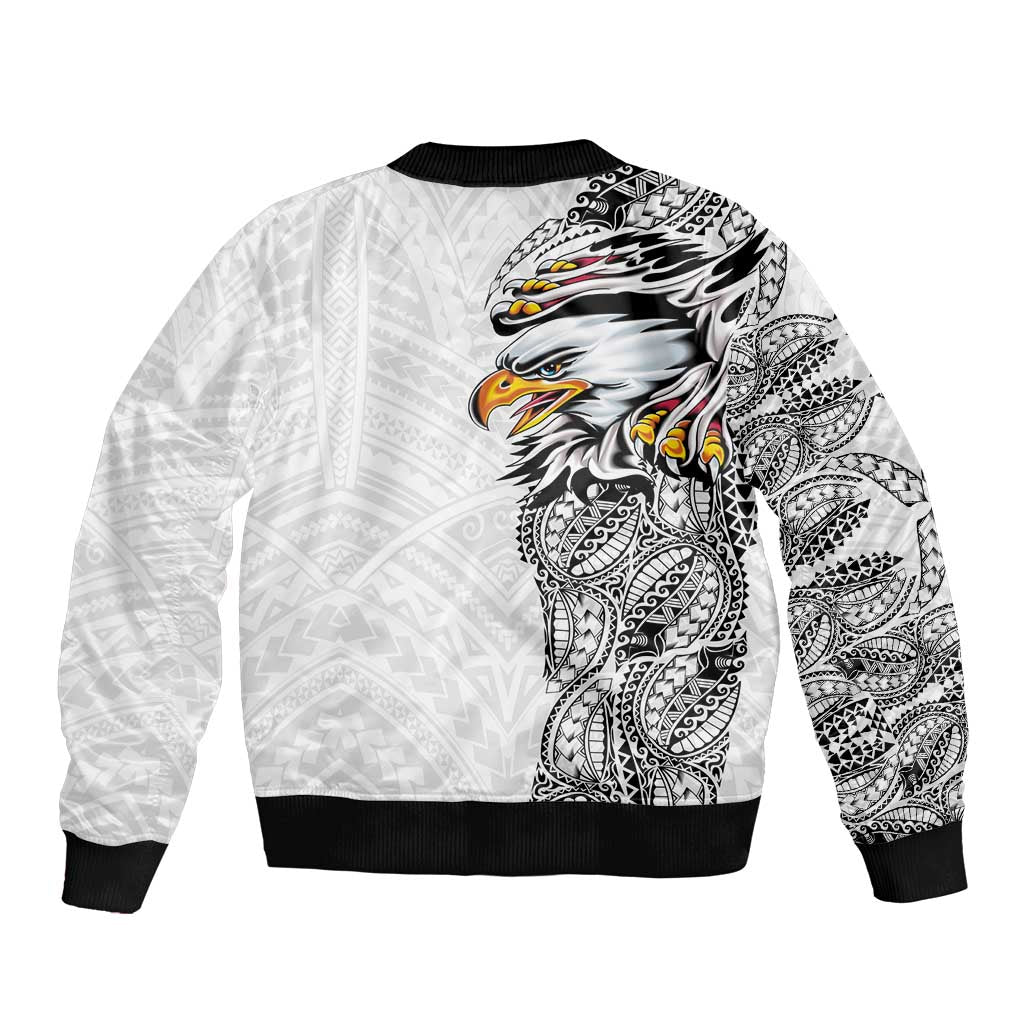 American Samoa Flag Day Sleeve Zip Bomber Jacket Tribal Tattoo with Eagle White