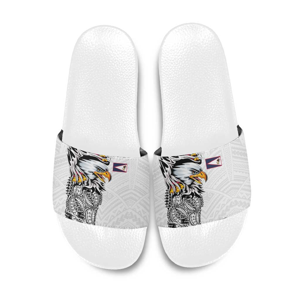 American Samoa Flag Day Slide Sandals Tribal Tattoo with Eagle White