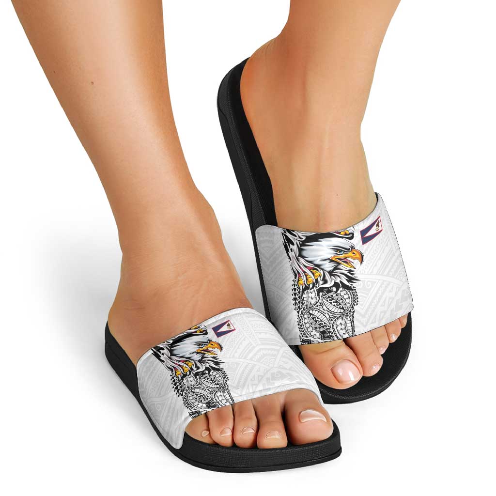 American Samoa Flag Day Slide Sandals Tribal Tattoo with Eagle White