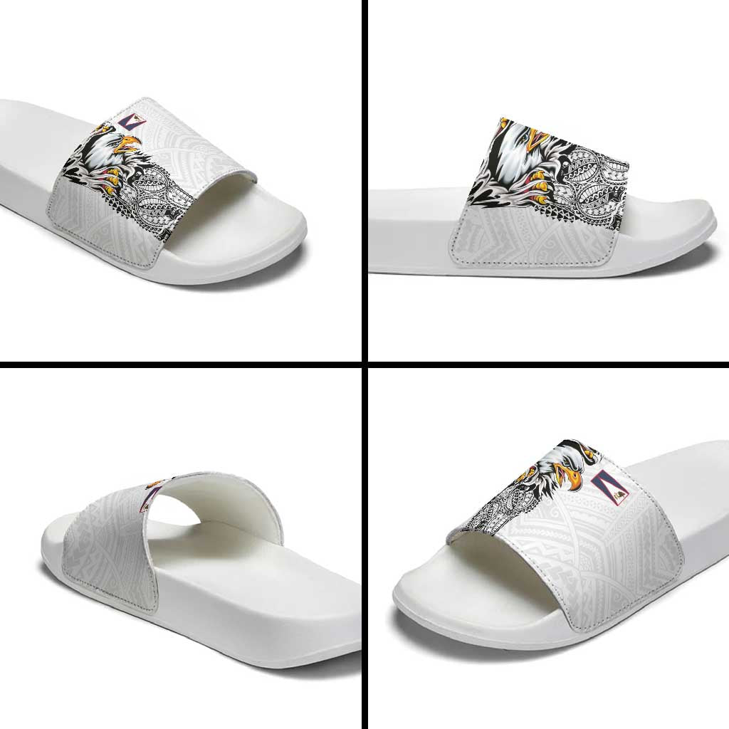 American Samoa Flag Day Slide Sandals Tribal Tattoo with Eagle White